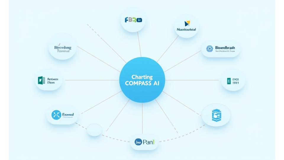 Integration diagram showing Charting Compass AI desktop app connected to various platforms like Bloomberg Terminal, Reuters Eikon, TradingView, Excel, SQL databases, Python, and R