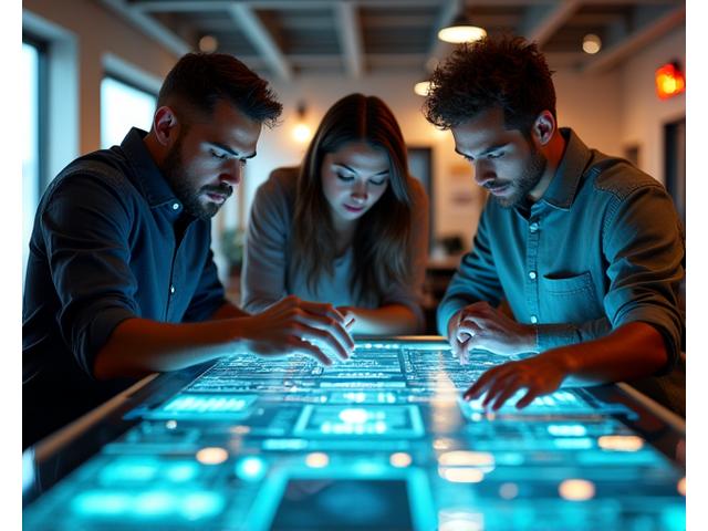 Image of a diverse group of startup founders collaborating around a holographic financial display