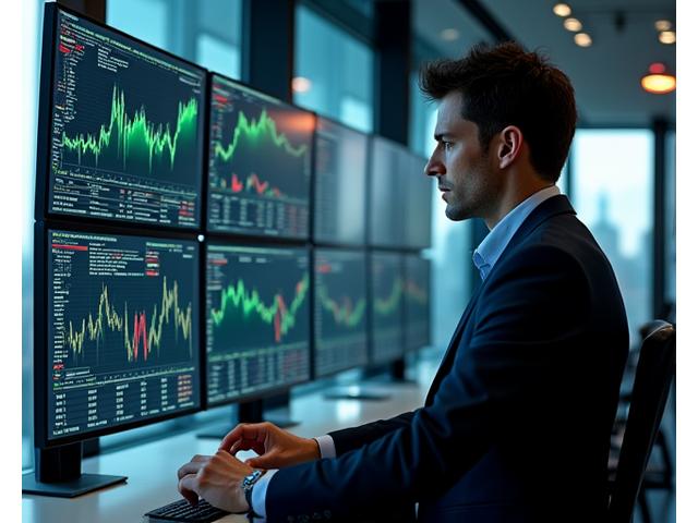 Image of a hedge fund manager smiling, with a high-performance trading screen in the background
