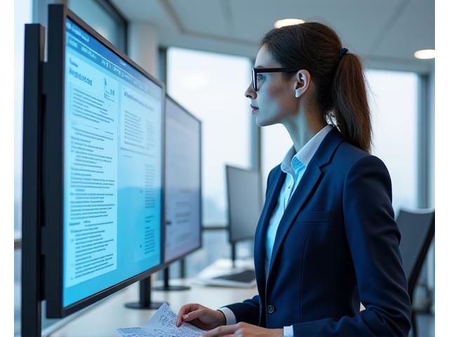 Image of a legal or compliance professional reviewing financial documents, looking confident