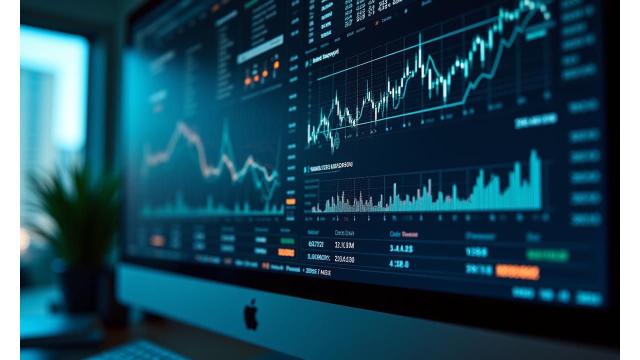 Sophisticated financial dashboard with charts and data visualizations, overlayed with abstract AI neural network lines