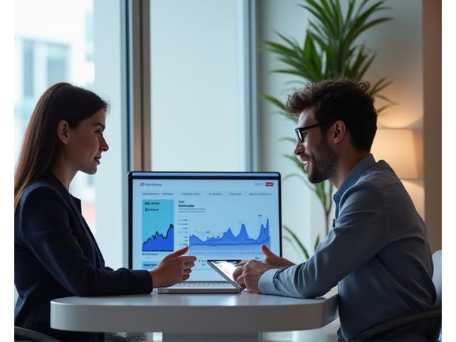 Image of a client and financial advisor discussing charts on a tablet, showcasing asset management client interaction.