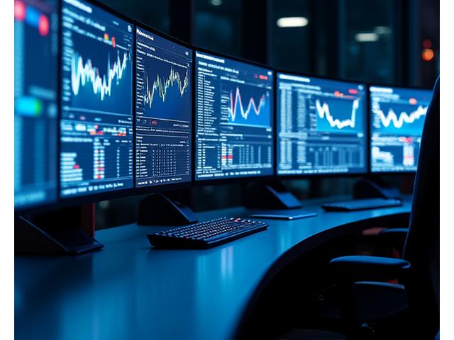 Image of a modern trading desk with multiple screens displaying complex financial charts and data, representing hedge fund operations.