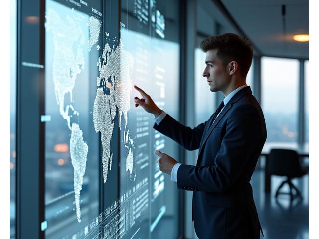 Image of a professional in a modern office analyzing data on a large screen, depicting investment banking activities.