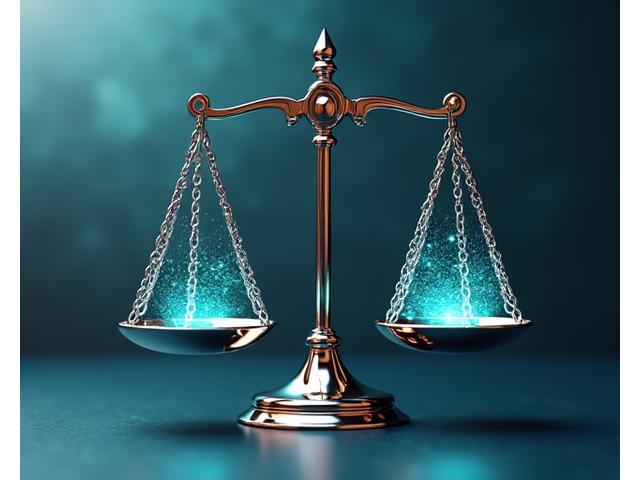 Stylized abstract image of balanced scales of justice with subtle financial data overlays, symbolizing fair legal processes and dispute resolution.