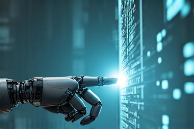 Humanoid robot hand interacting with a digital interface, representing RPA